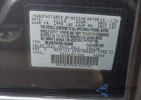 2013 Nissan Sentra Sr from USA, damaged, VIN 3N1AB7AP4DL564538